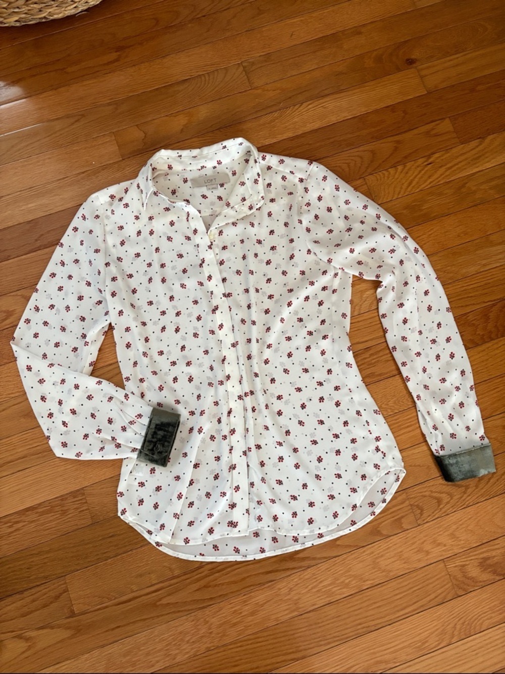 LOFT White Button-Down Shirt with Red Floral Print and Velvet Contrast Cuffs